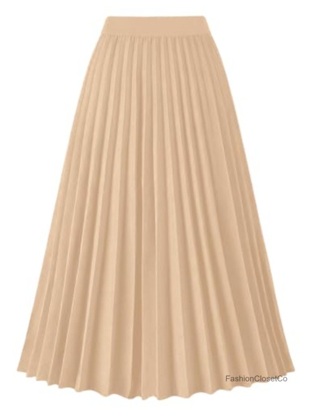 Pleated Midi Skirt High Waist A-Line Knee Length Elastic Waist Polyester